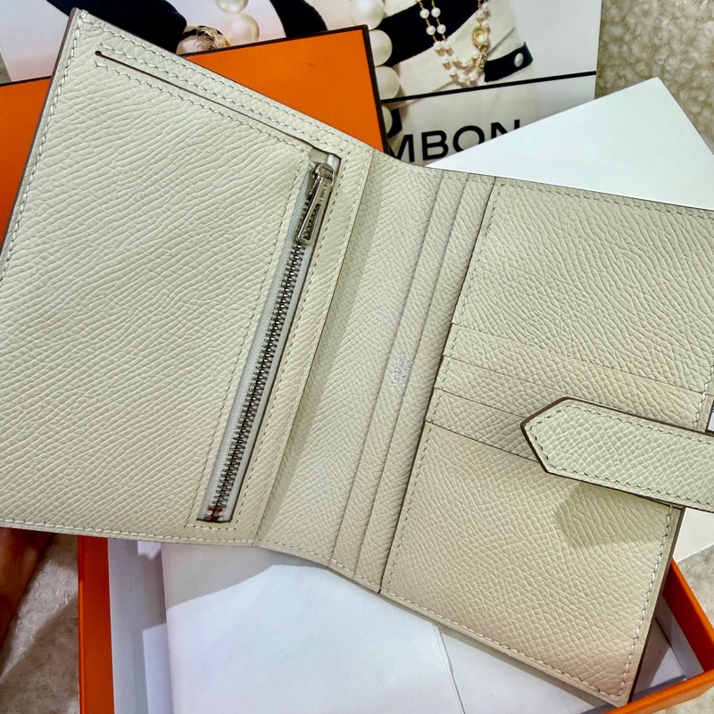 99新 爱马仕/Hermes Bearn短钱包 奶昔白 Carie ep皮 w刻-3