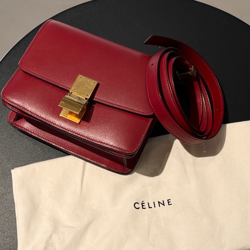 Celine賽琳 mini box豆腐包  紅色金扣 牛皮-6
