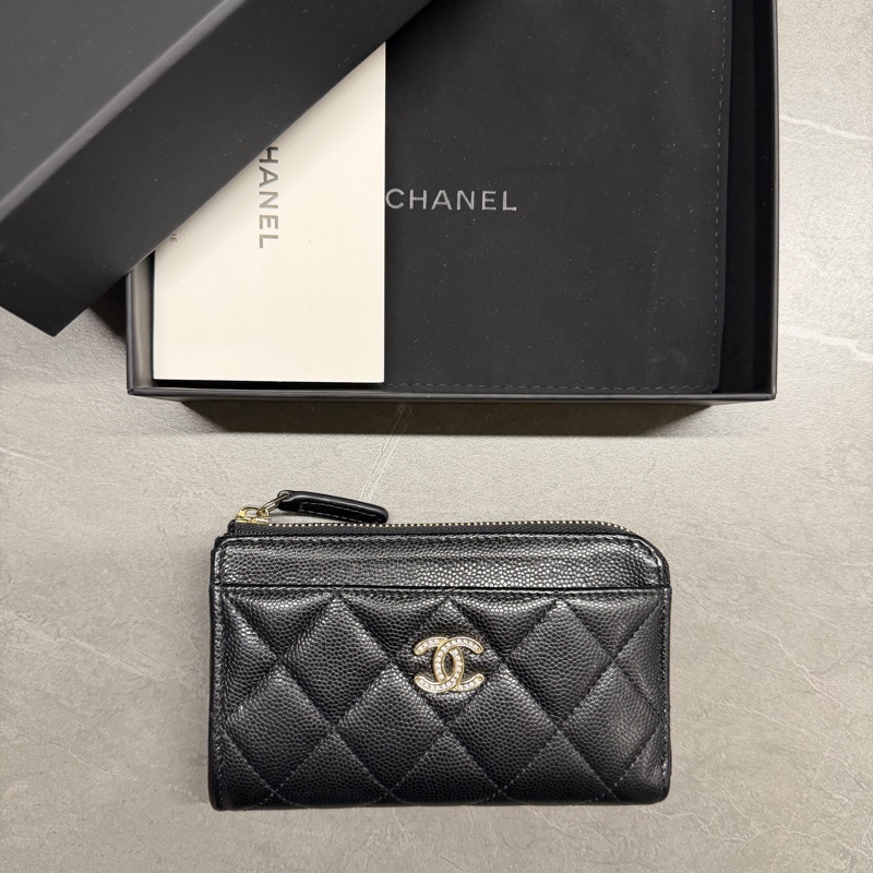 Chanel🖤荔枝紋牛皮L型零錢卡包｜晶片款-0