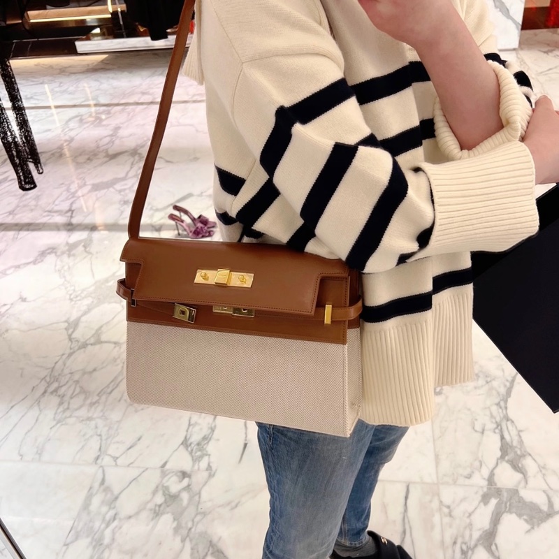 【Kelly平替🤭6折買YSL✨大全套有盒‼️】Saint Laurent經典郵差包 棕色拼帆布-1