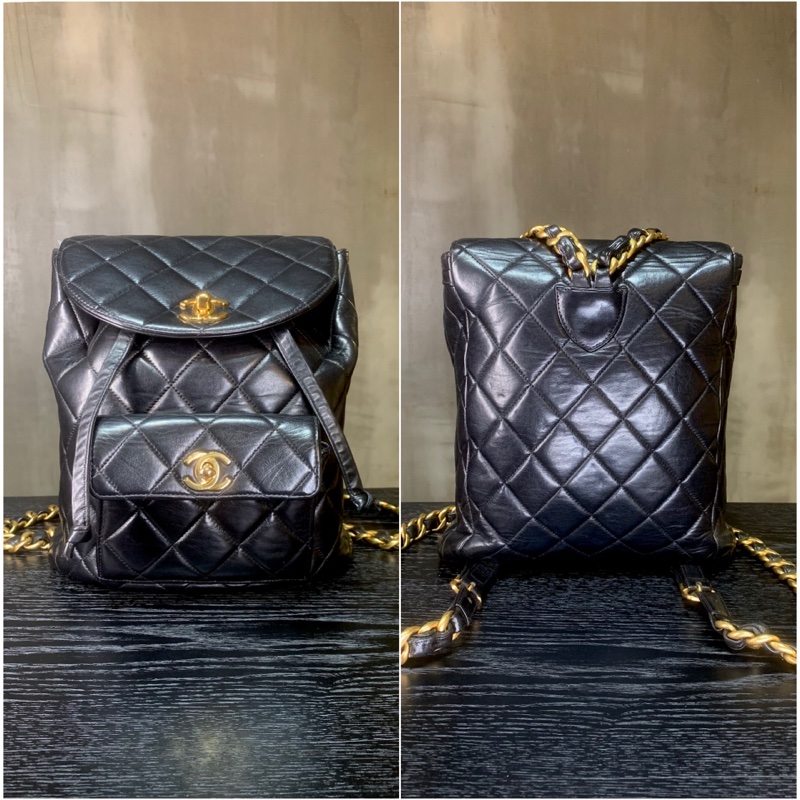 Chanel Vintage Classic 24k Gold-Plate Duma Double Turn-lock Black Lambskin Backpack 香奈兒Duma經典雙CC鎖扣-1