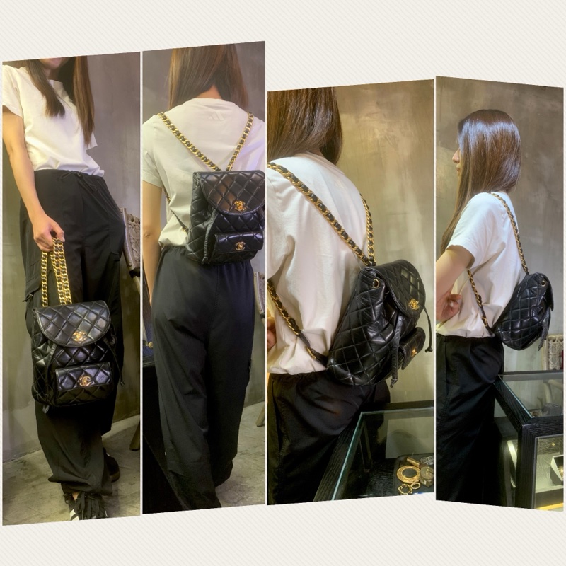 Chanel Vintage Classic 24k Gold-Plate Duma Double Turn-lock Black Lambskin Backpack 香奈兒Duma經典雙CC鎖扣-7