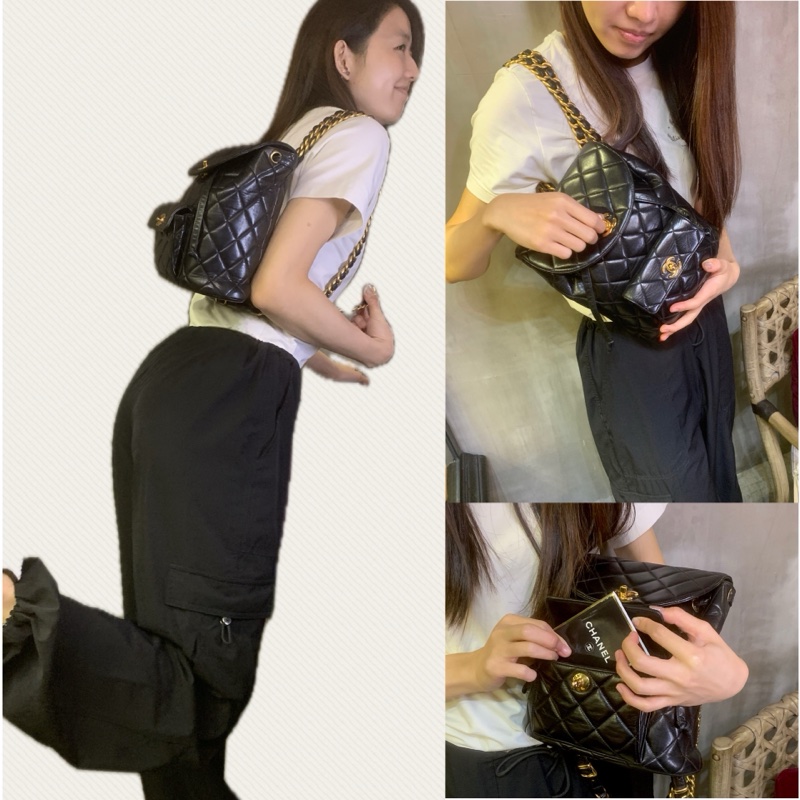Chanel Vintage Classic 24k Gold-Plate Duma Double Turn-lock Black Lambskin Backpack 香奈兒Duma經典雙CC鎖扣-8
