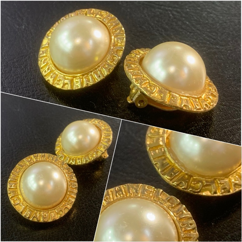 Chanel Vintage Earrings Gold Round White Costume Pearl Metal Ear Clips 香奈兒琉璃珍珠耳夾-2