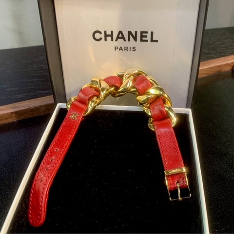 Chanel Vintage Chain Bracelet In Red 香奈兒皮穿鏈手帶