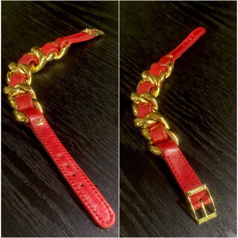 Chanel Vintage Chain Bracelet In Red 香奈兒皮穿鏈手帶-1