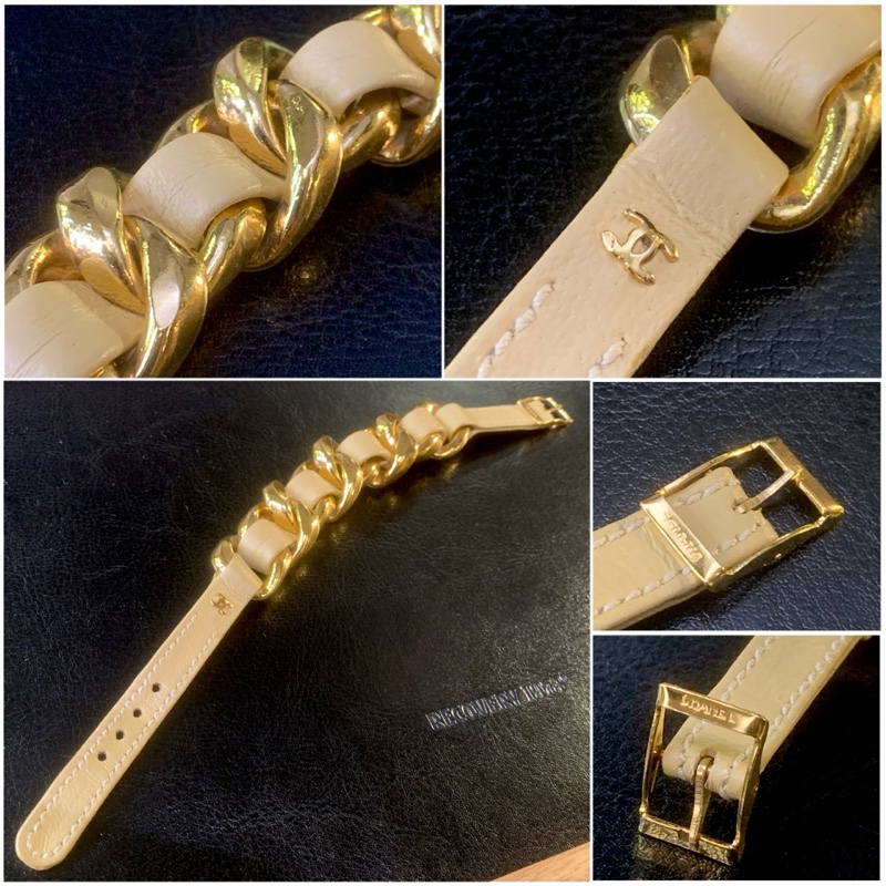 Chanel Vintage Chain Bracelet In Beige 香奈兒中古皮穿鏈米色手帶-1