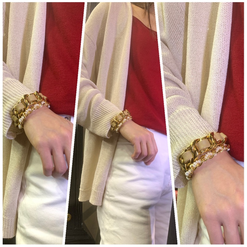 Chanel Vintage Chain Bracelet In Beige 香奈兒中古皮穿鏈米色手帶-3