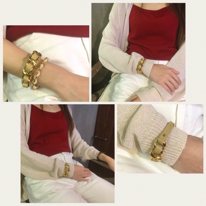 Chanel Vintage Chain Bracelet In Beige 香奈兒中古皮穿鏈米色手帶-4