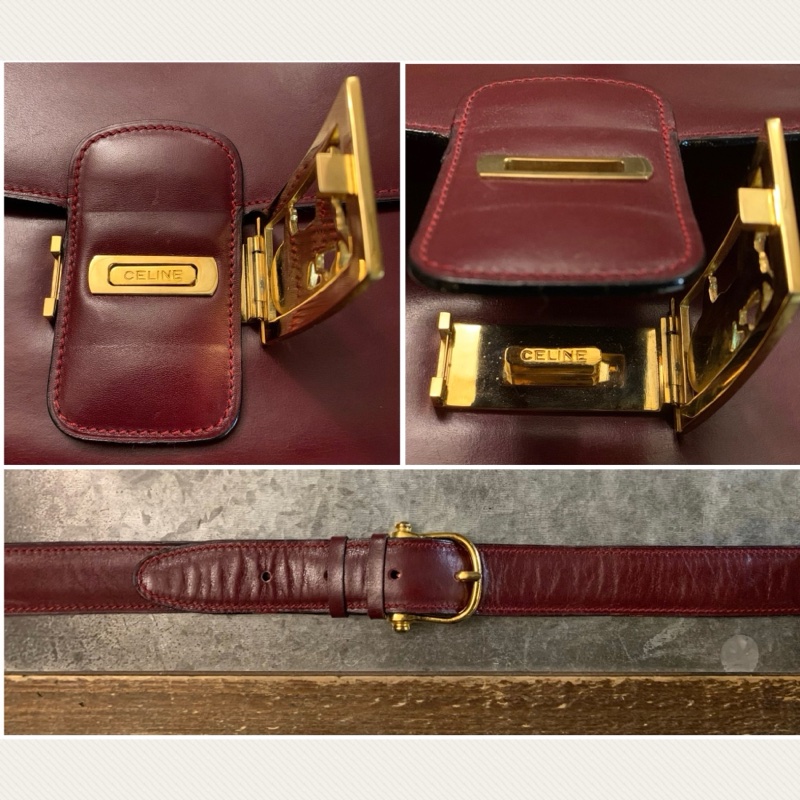 CELINE Vintage Horse Carriage Buckle In Gold Shoulder Bag In Bordeaux Red 女裝中古馬車金扣酒紅色肩揹袋-6