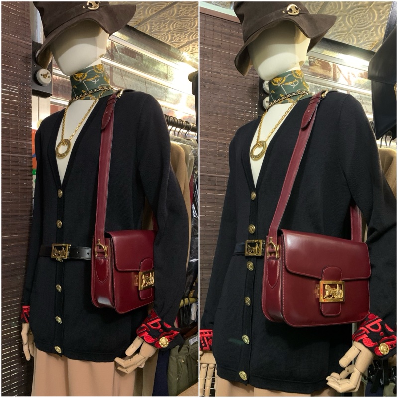 CELINE Vintage Horse Carriage Buckle In Gold Shoulder Bag In Bordeaux Red 女裝中古馬車金扣酒紅色肩揹袋-8