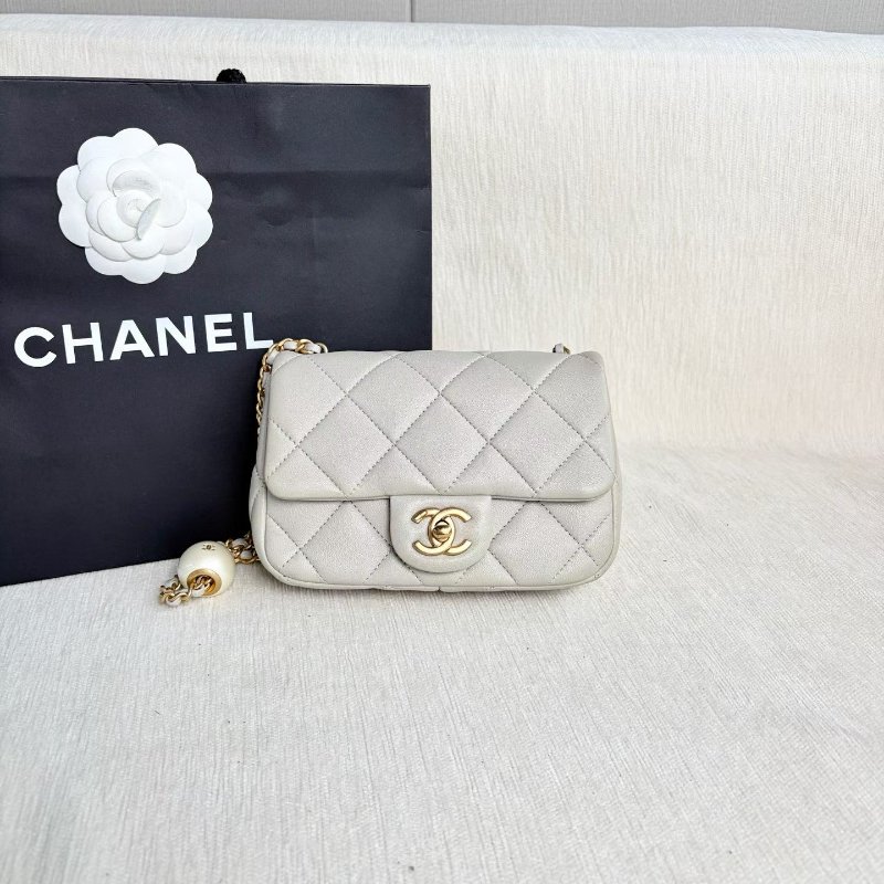 Chanel 湯圓珍珠方胖子 芯片款 灰色 金扣 羊皮17*14*5 98新配件塵袋-1