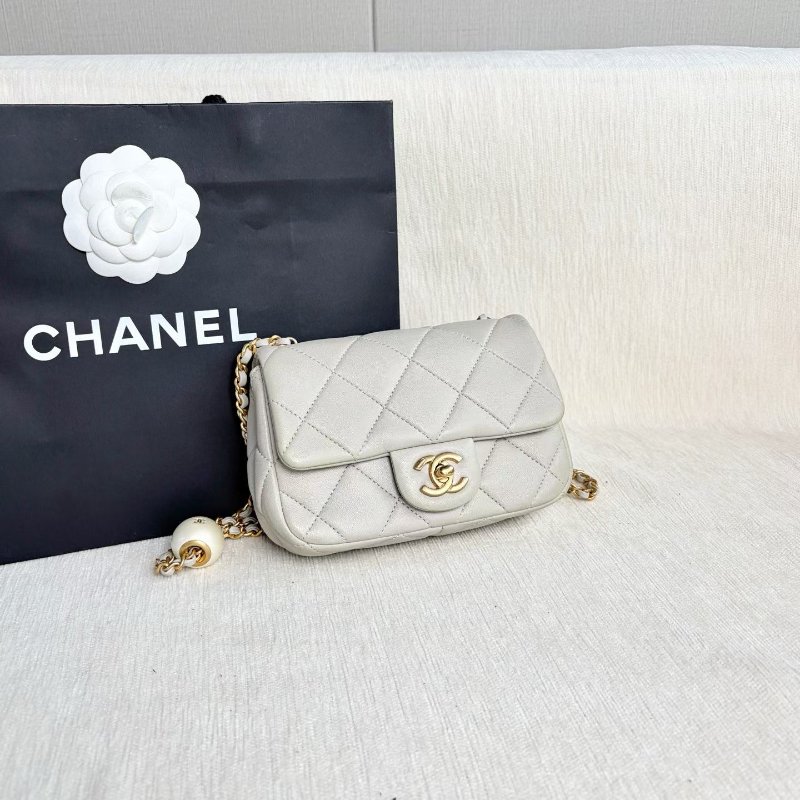 Chanel 湯圓珍珠方胖子 芯片款 灰色 金扣 羊皮17*14*5 98新配件塵袋-6