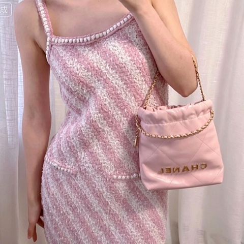 CHANEL香奈兒粉金22bagmini垃圾袋單肩斜挎包