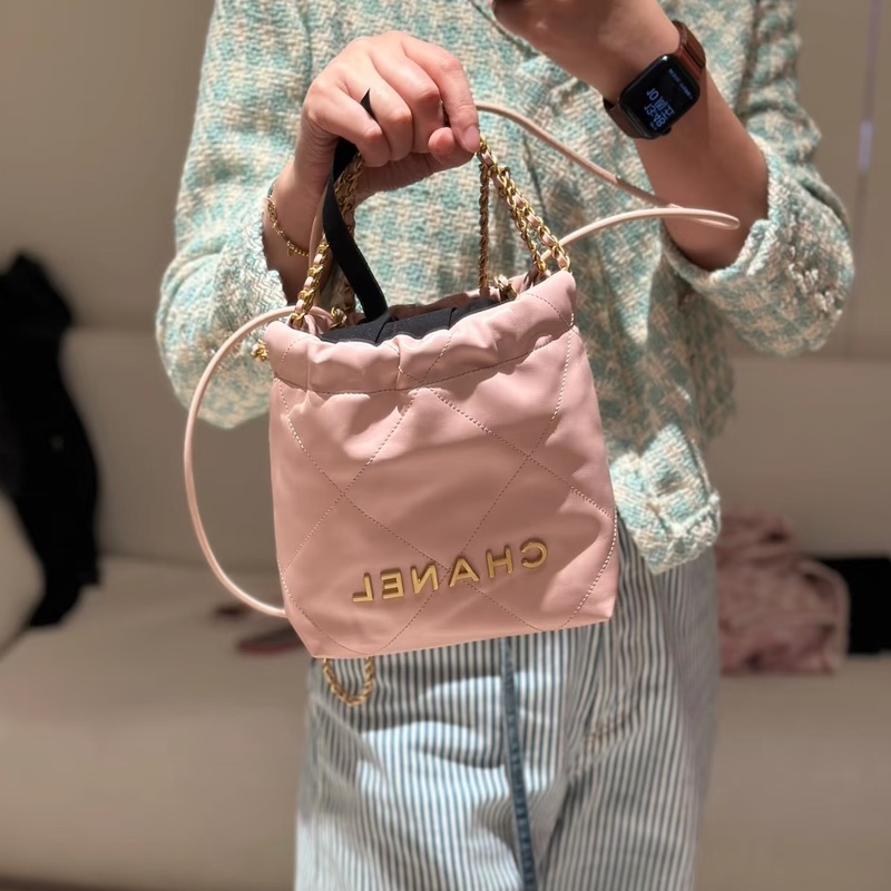 CHANEL香奈兒粉金22bagmini垃圾袋單肩斜挎包-6
