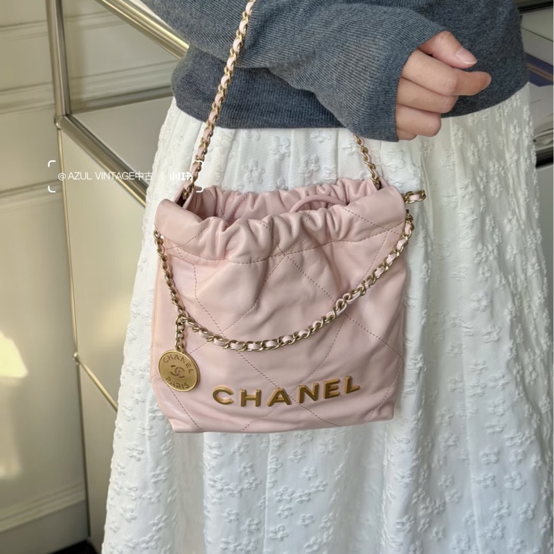 CHANEL香奈兒粉金22bagmini垃圾袋單肩斜挎包-7