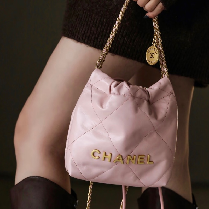 CHANEL香奈兒粉金22bagmini垃圾袋單肩斜挎包-8