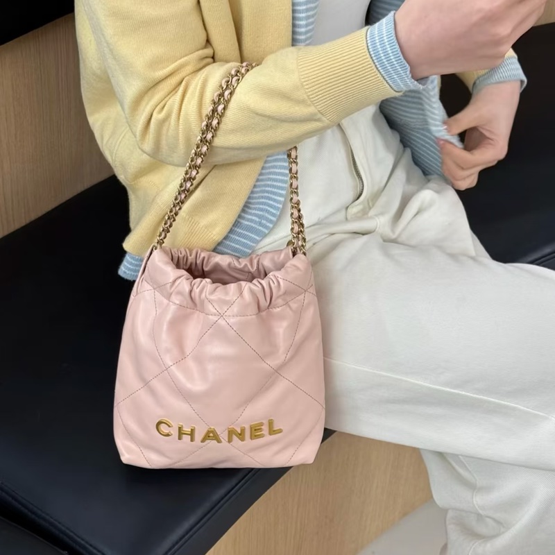 CHANEL香奈兒粉金22bagmini垃圾袋單肩斜挎包-9