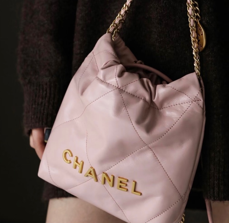 CHANEL香奈兒粉金22bagmini垃圾袋單肩斜挎包-10