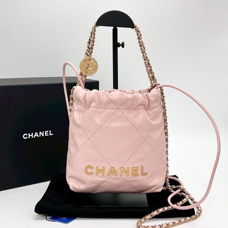 CHANEL香奈兒粉金22bagmini垃圾袋單肩斜挎包-11