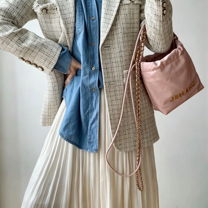 CHANEL香奈兒粉金22bagmini垃圾袋單肩斜挎包-16