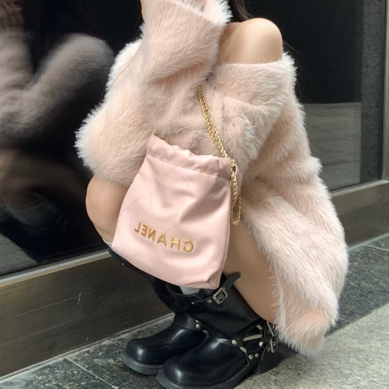 CHANEL香奈兒粉金22bagmini垃圾袋單肩斜挎包-24