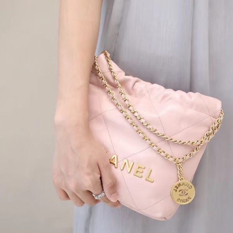 CHANEL香奈兒粉金22bagmini垃圾袋單肩斜挎包-29