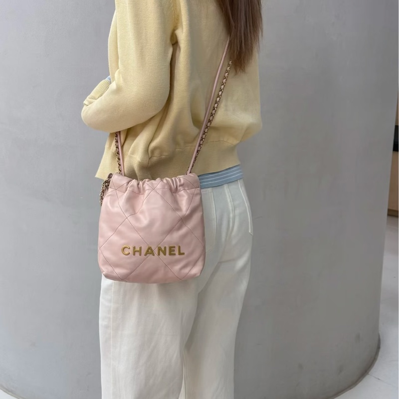 CHANEL香奈兒粉金22bagmini垃圾袋單肩斜挎包-33