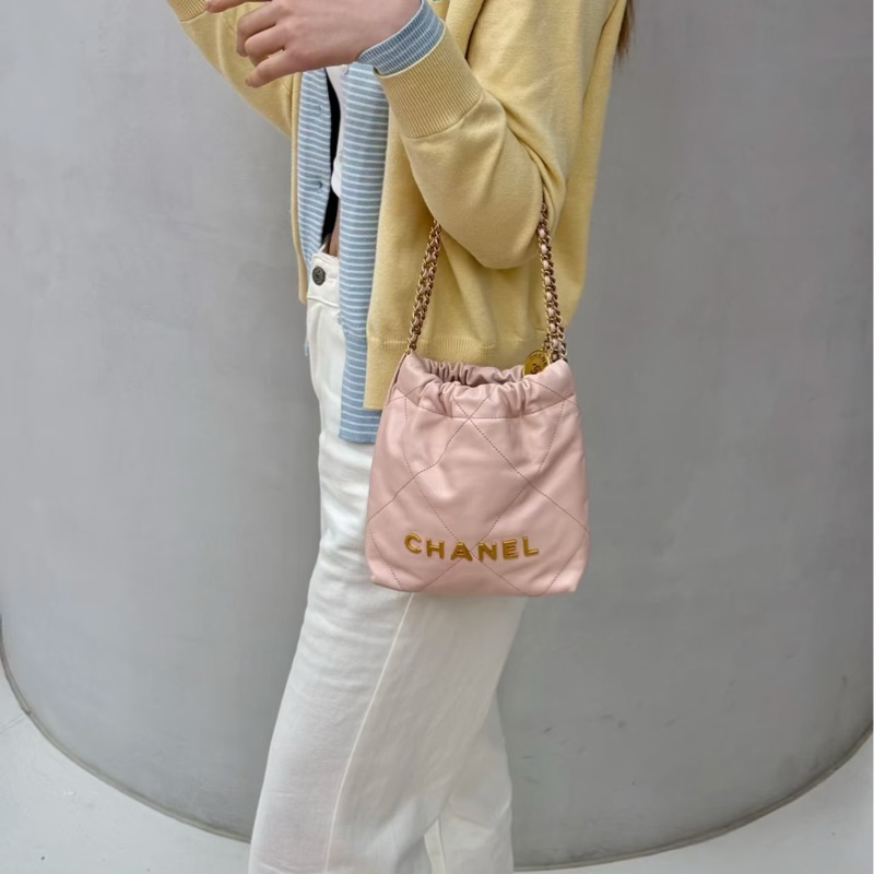 CHANEL香奈兒粉金22bagmini垃圾袋單肩斜挎包-34