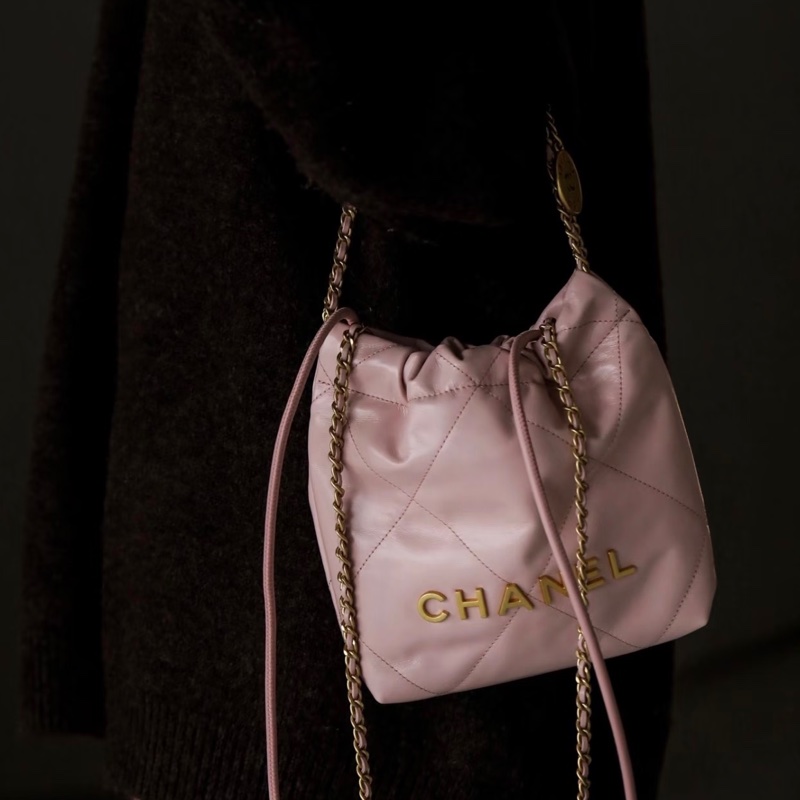 CHANEL香奈兒粉金22bagmini垃圾袋單肩斜挎包-35