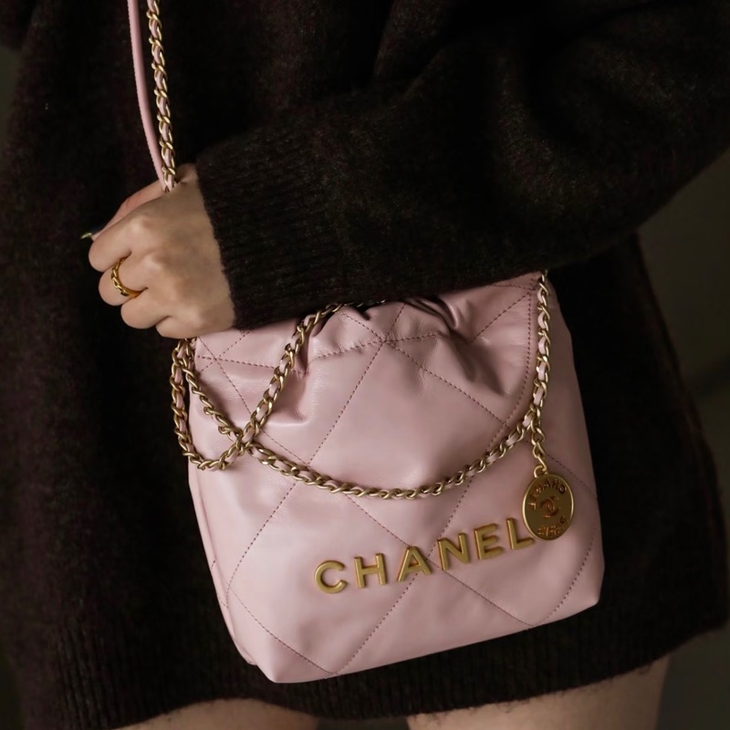 CHANEL香奈兒粉金22bagmini垃圾袋單肩斜挎包-36