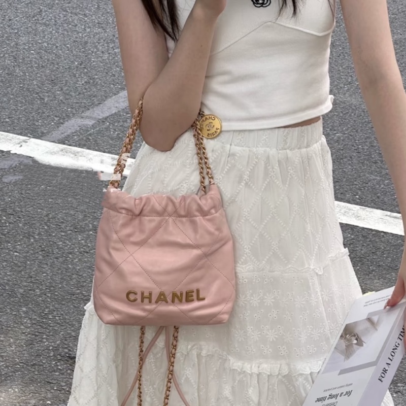CHANEL香奈兒粉金22bagmini垃圾袋單肩斜挎包-37