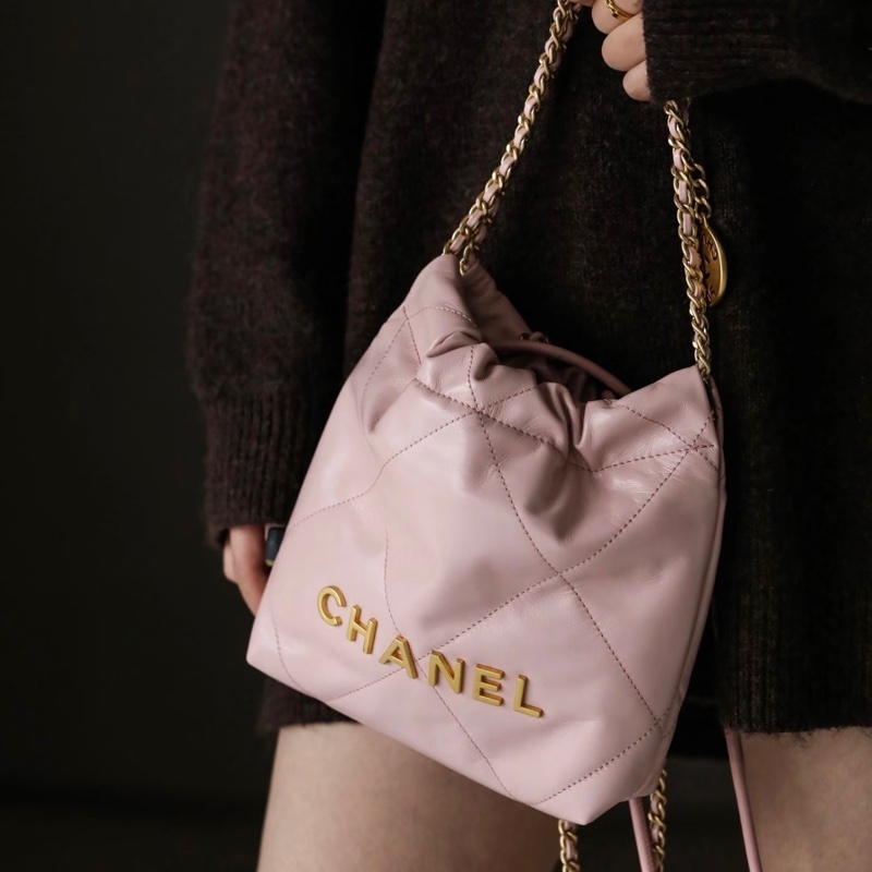 CHANEL香奈兒粉金22bagmini垃圾袋單肩斜挎包-38