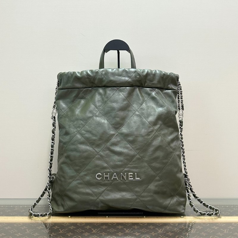 CHANEL 墨綠色銀扣22bag垃圾袋手提後背包 35*39*8 98新配件塵袋-1