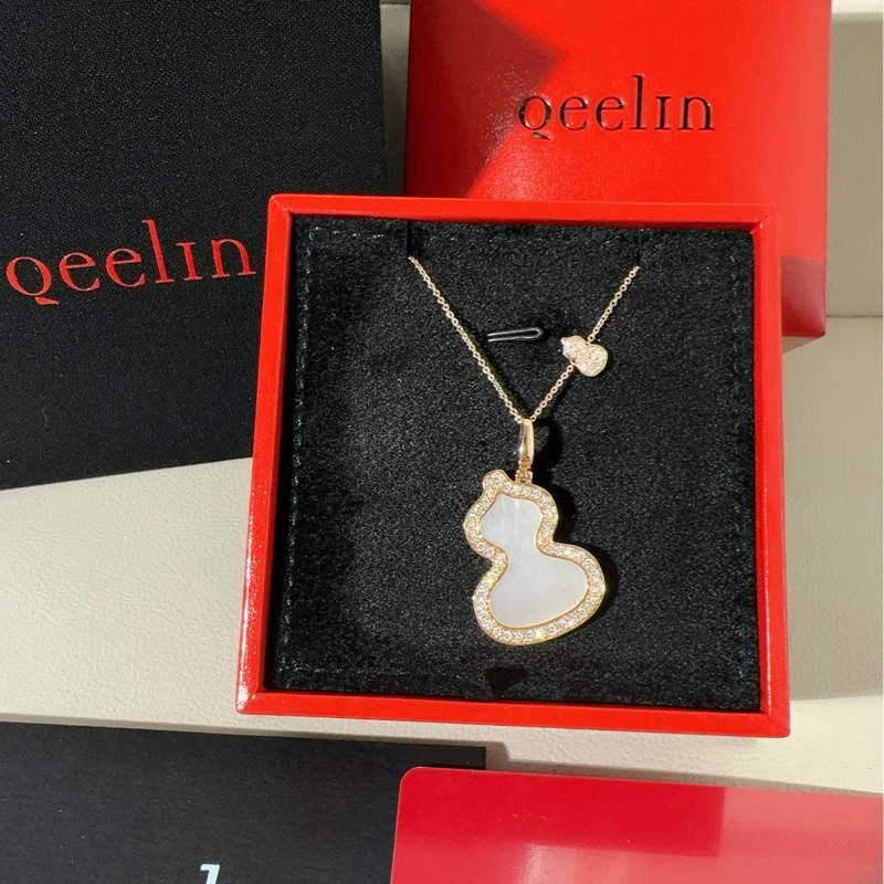 Qeelin麒麟 wulu系列 玫瑰金滿鑽白貝母葫蘆吊墜項鍊,大號-1