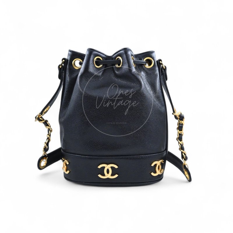 中古 Chanel 香奈兒 復古 雙C標誌 黑色 荔枝皮 魚子醬皮革 抽繩 水桶包-0