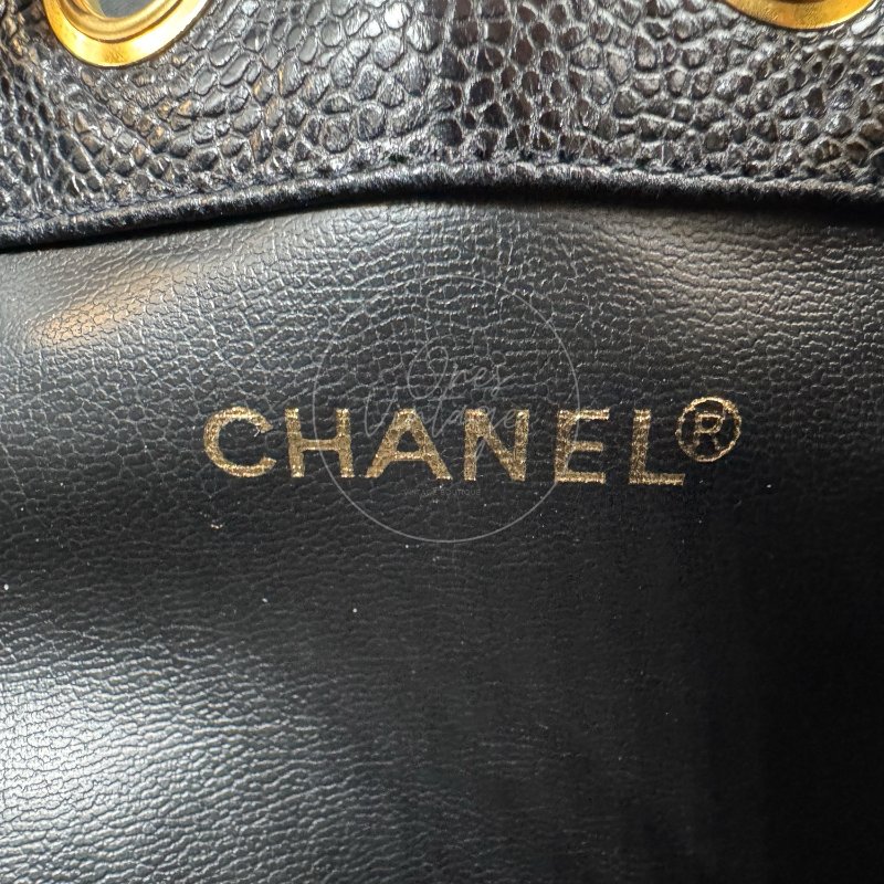 中古 Chanel 香奈兒 復古 雙C標誌 黑色 荔枝皮 魚子醬皮革 抽繩 水桶包-10