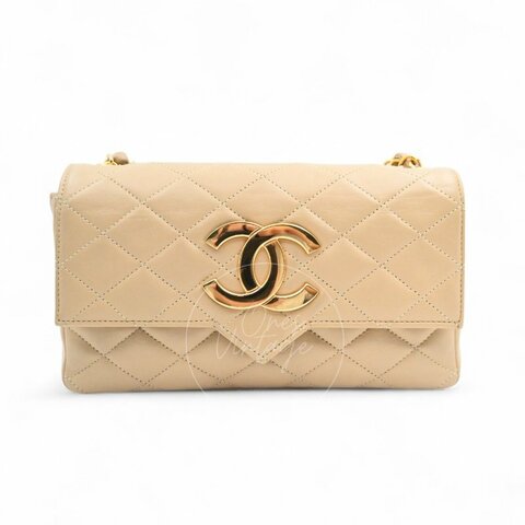 中古 Chanel 香奈兒 復古 米色 單蓋鏈包配雙C Logo 蓋鏈包