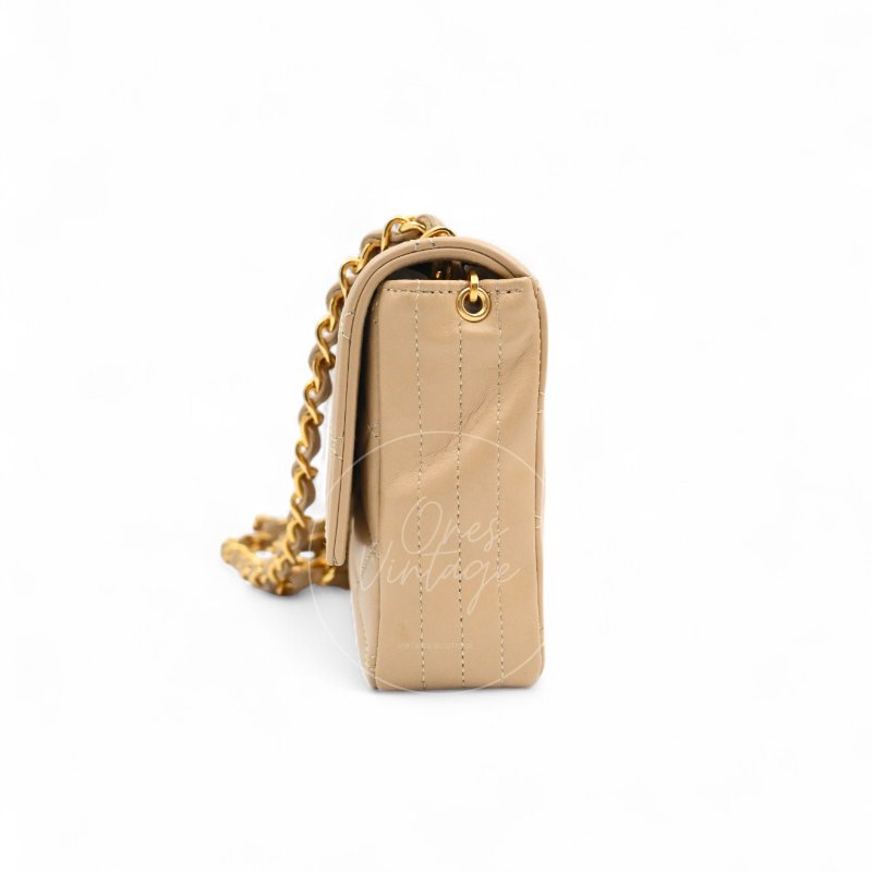 中古 Chanel 香奈兒 復古 米色 單蓋鏈包配雙C Logo 蓋鏈包-2