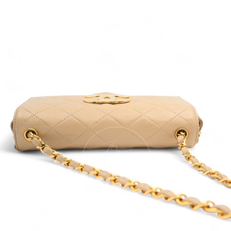 中古 Chanel 香奈兒 復古 米色 單蓋鏈包配雙C Logo 蓋鏈包-3