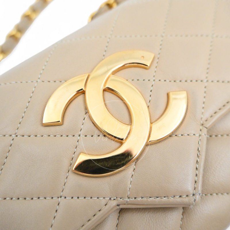 中古 Chanel 香奈兒 復古 米色 單蓋鏈包配雙C Logo 蓋鏈包-19