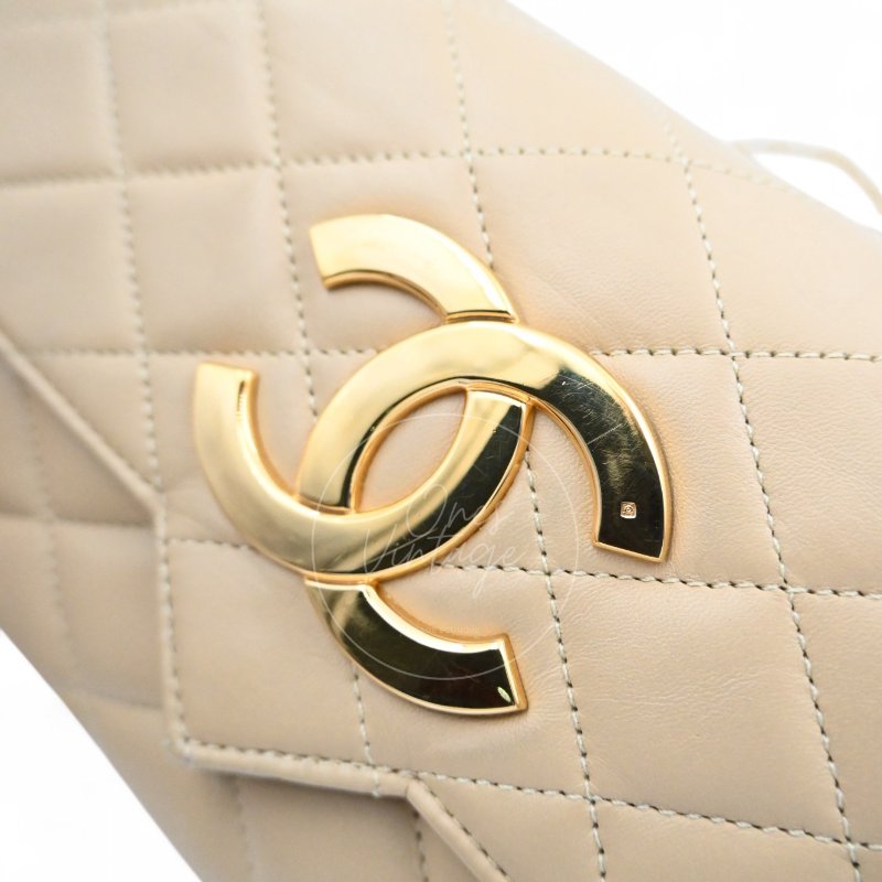 中古 Chanel 香奈兒 復古 米色 單蓋鏈包配雙C Logo 蓋鏈包-21