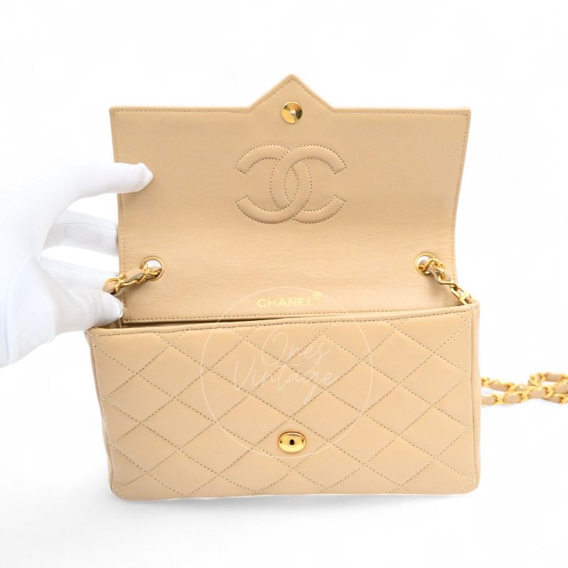 中古 Chanel 香奈兒 復古 米色 單蓋鏈包配雙C Logo 蓋鏈包-23