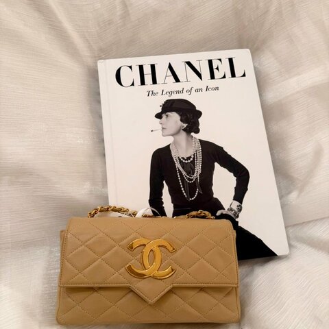 中古 Chanel 香奈兒 復古 米色 單蓋鏈包配雙C Logo 蓋鏈包