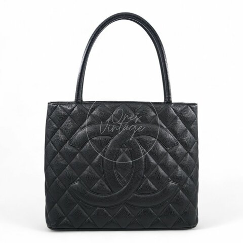 中古 Chanel 香奈兒 黑色 荔枝皮 魚子醬皮革 復古 圓牌托特包