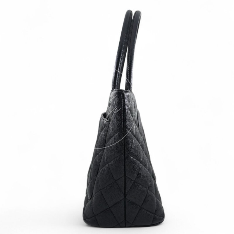 中古 Chanel 香奈兒 黑色 荔枝皮 魚子醬皮革 復古 圓牌托特包-1