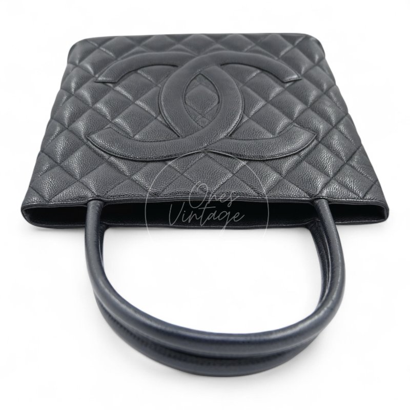 中古 Chanel 香奈兒 黑色 荔枝皮 魚子醬皮革 復古 圓牌托特包-3
