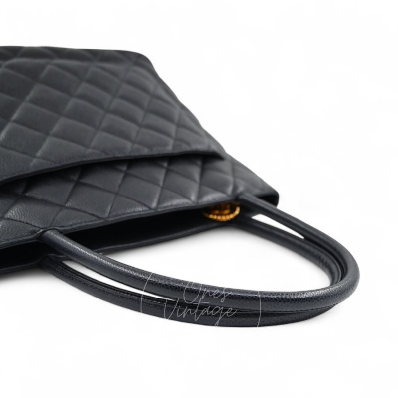 中古 Chanel 香奈兒 黑色 荔枝皮 魚子醬皮革 復古 圓牌托特包-5