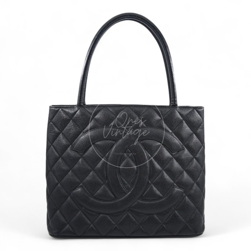 中古 Chanel 香奈兒 黑色 荔枝皮 魚子醬皮革 復古 圓牌托特包-6