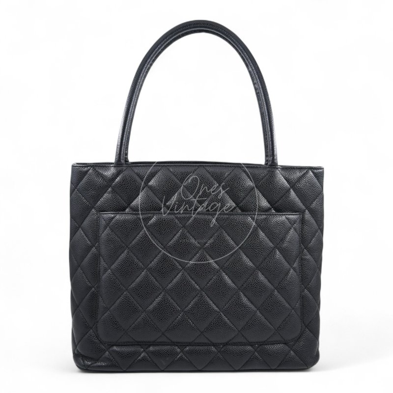 中古 Chanel 香奈兒 黑色 荔枝皮 魚子醬皮革 復古 圓牌托特包-7